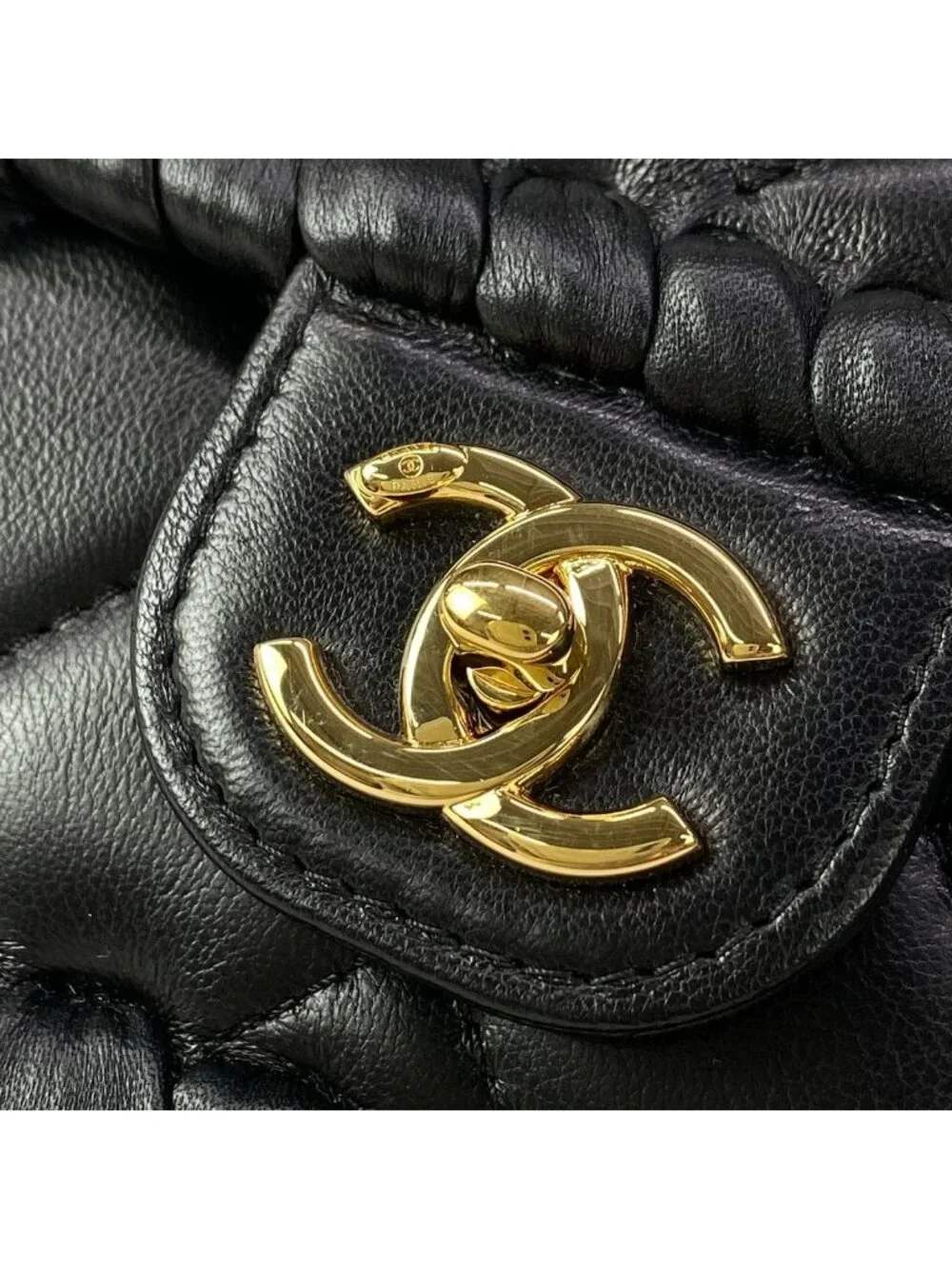 Chanel Wallet Quilted Black Chain Gold Coin Charm Braided Metal Lambskin